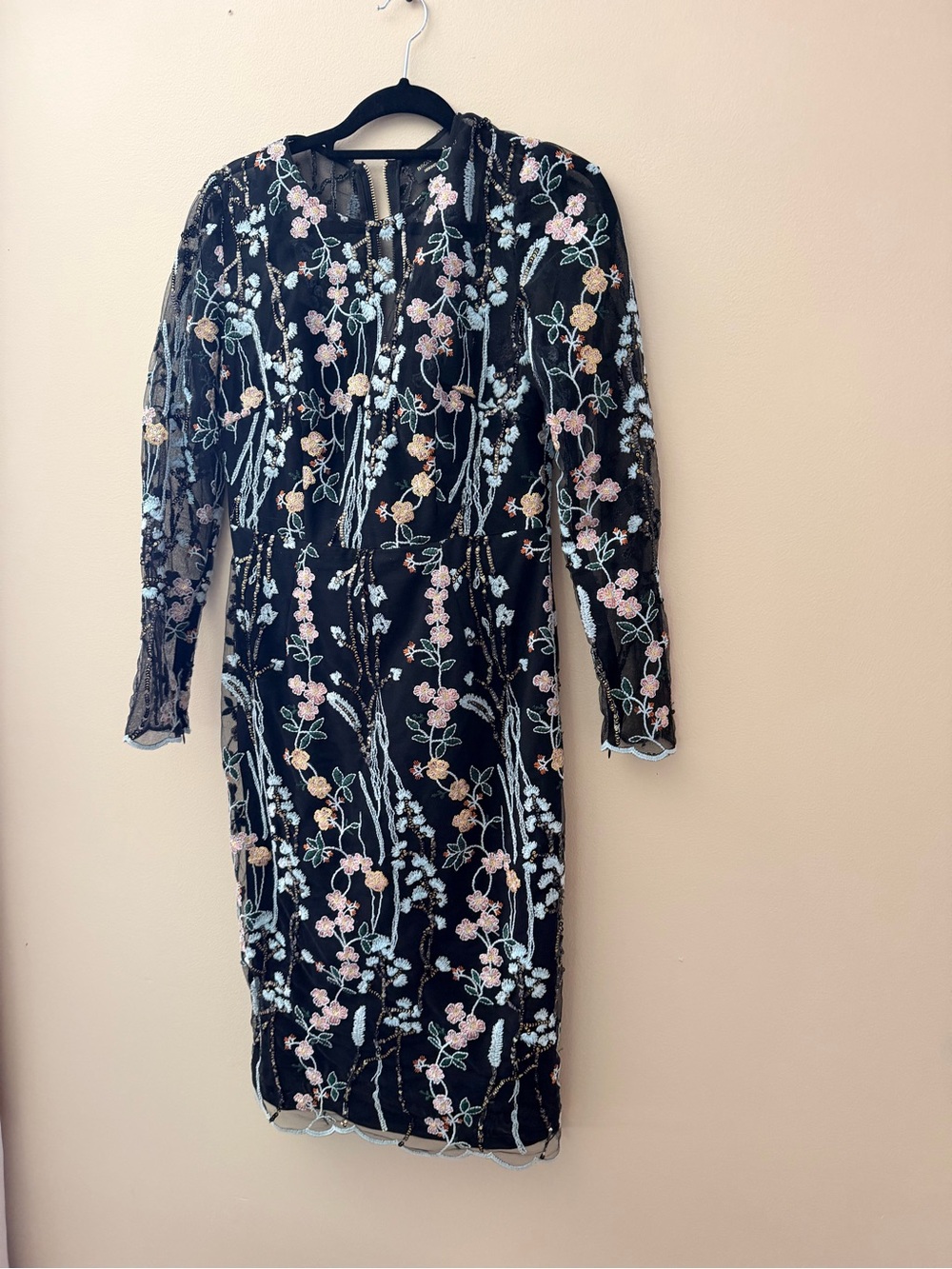 Bronx and Banco Black Midi Dress with Pastel Floral Embroidery